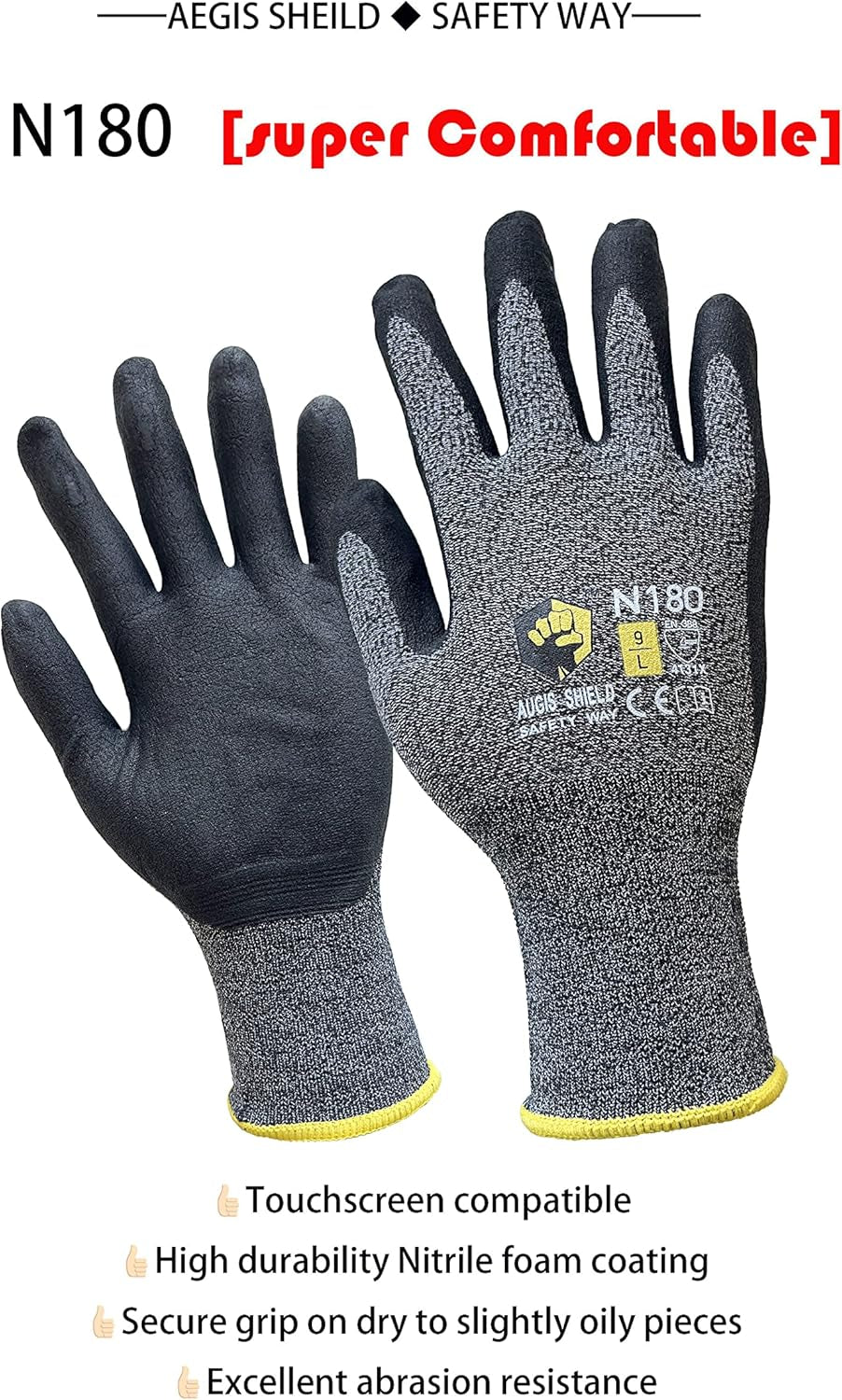 N-180 12 Pairs Micro-Foam Nitrile Coated Work Gloves, Ideal for General Purpose, Automotive, Construction, Home Improvement (Touchscreen Compatible)