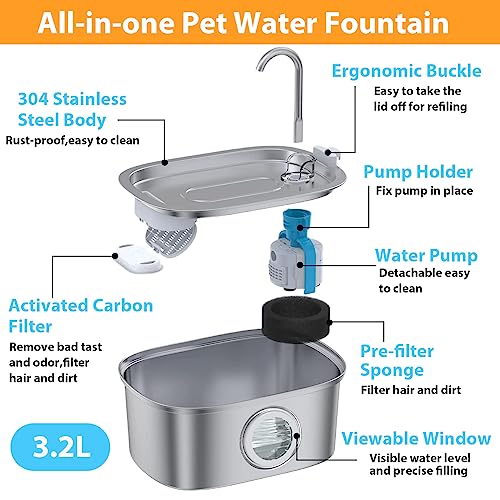OMIPAWZ 3.2L Cat Water Fountain Stainless Steel with