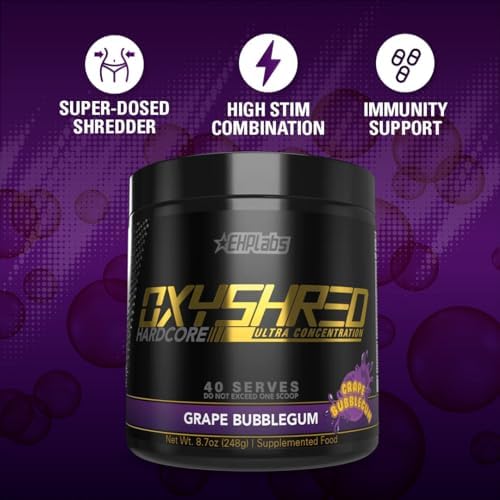 EHP Labs OxyShred Hardcore Thermogenic Pre Workout Shredding Supplement - Grape Bubblegum, 40 Servings
