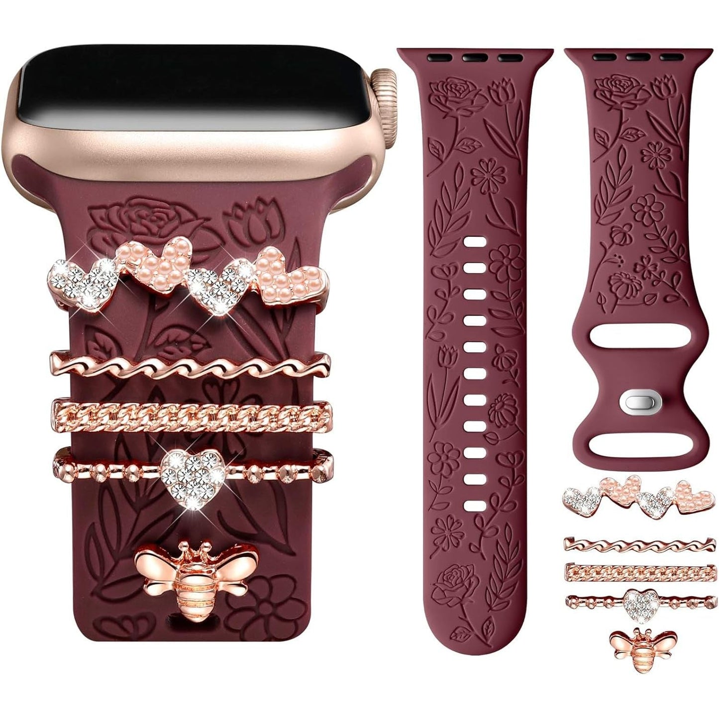Flower Engraved Band Compatible with Apple Watch Bands 38Mm 40Mm 41Mm for Women, Soft Silicone Sport Band with Decorative Apple Watch Charms for Iwatch Series 9 8 7 6 5 4 3 2 1 SE (With Band)