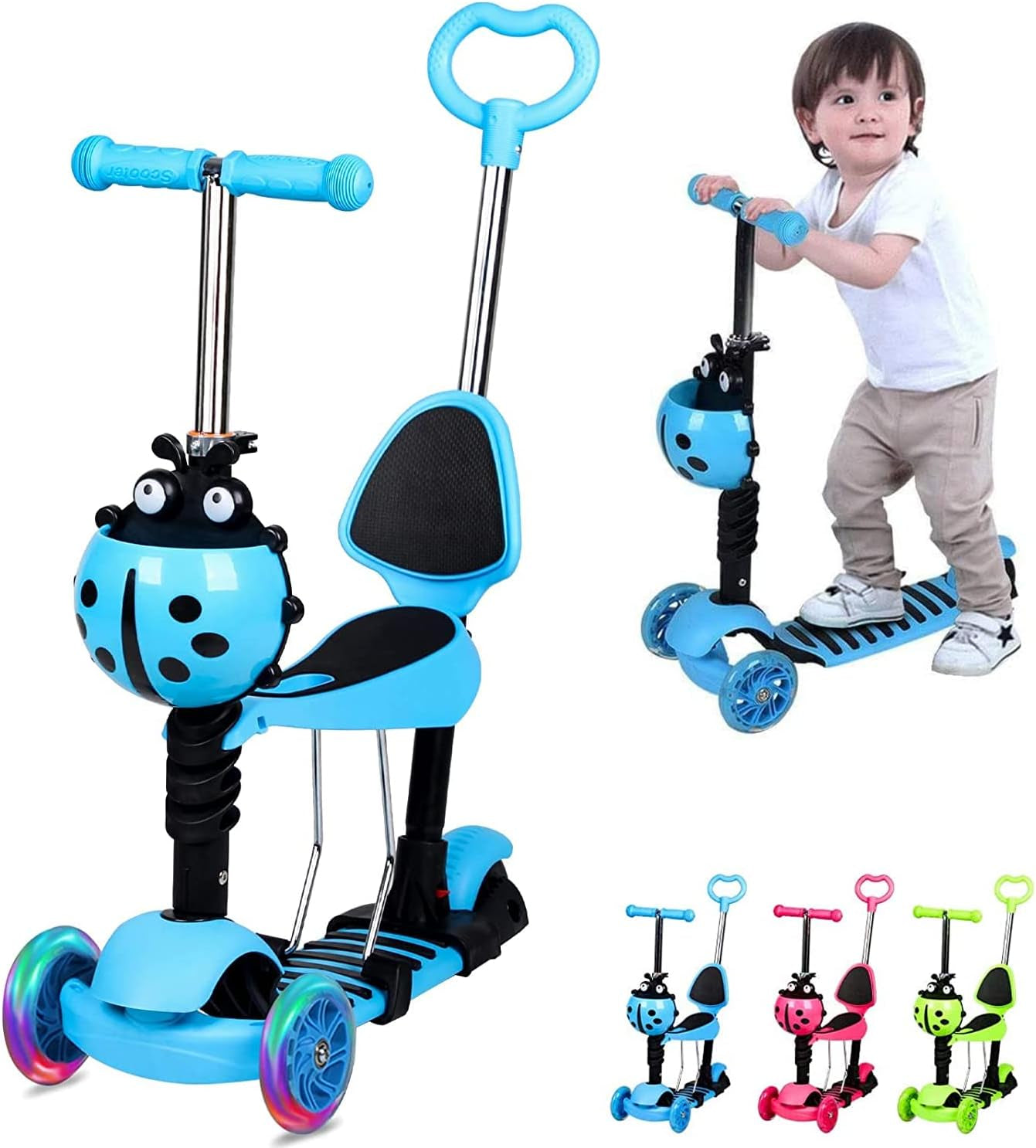 5-In-1 Scooter Adjustable Height Scooters with Flashing Wheel 3 (Three) Wheeled Walker with Removable Seat and Back Rest & Push Handle, for Birthday Boys Girls 1/2 - 8 Age Years Old