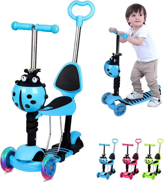 5-In-1 Scooter Adjustable Height Scooters with Flashing Wheel 3 (Three) Wheeled Walker with Removable Seat and Back Rest & Push Handle, for Birthday Boys Girls 1/2 - 8 Age Years Old