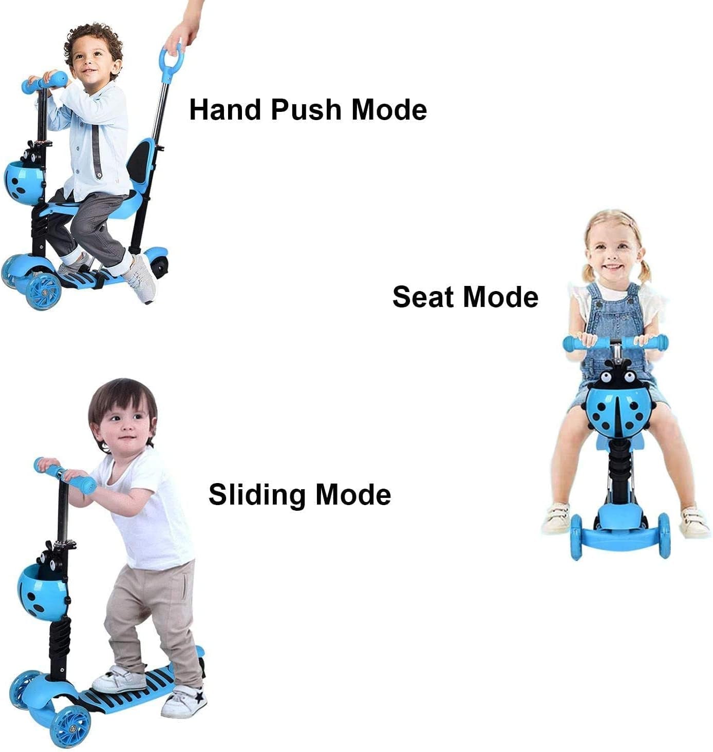 5-In-1 Scooter Adjustable Height Scooters with Flashing Wheel 3 (Three) Wheeled Walker with Removable Seat and Back Rest & Push Handle, for Birthday Boys Girls 1/2 - 8 Age Years Old
