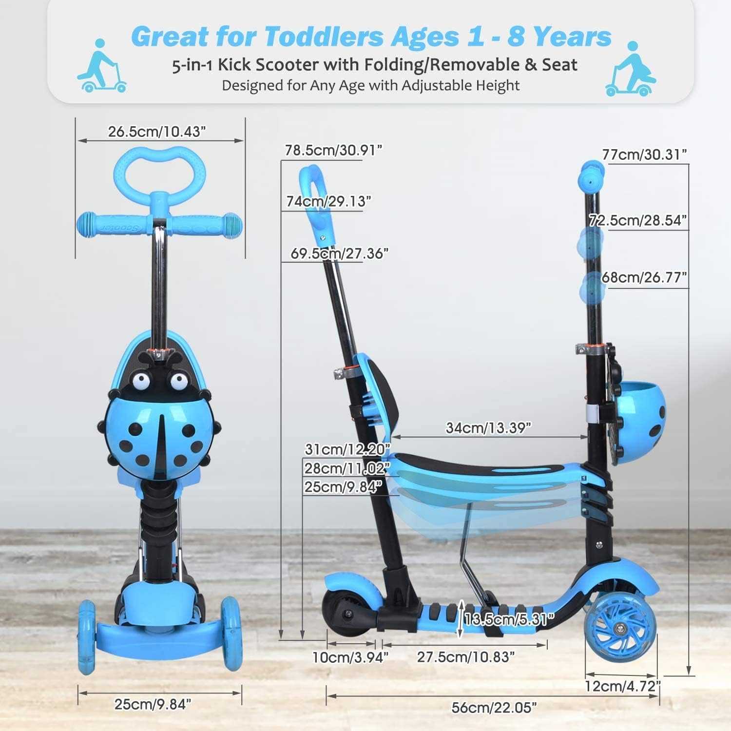 5-In-1 Scooter Adjustable Height Scooters with Flashing Wheel 3 (Three) Wheeled Walker with Removable Seat and Back Rest & Push Handle, for Birthday Boys Girls 1/2 - 8 Age Years Old