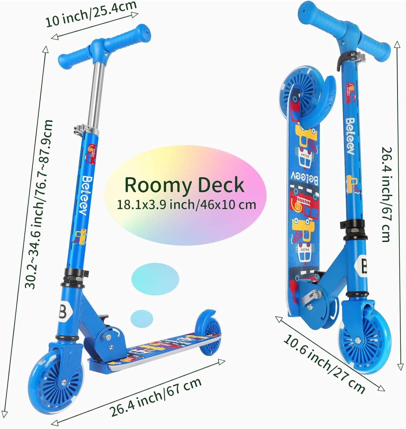 V2 Scooters for Kids with Light-Up Wheels & Stem & Deck, 2 Wheel Folding Scooter for Girls Boys Ages 3-12, 3 Adjustable Height, Non-Slip Pattern Deck, Kick Scooter for Children