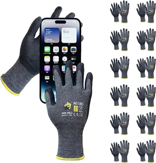 N-180 12 Pairs Micro-Foam Nitrile Coated Work Gloves, Ideal for General Purpose, Automotive, Construction, Home Improvement (Touchscreen Compatible)