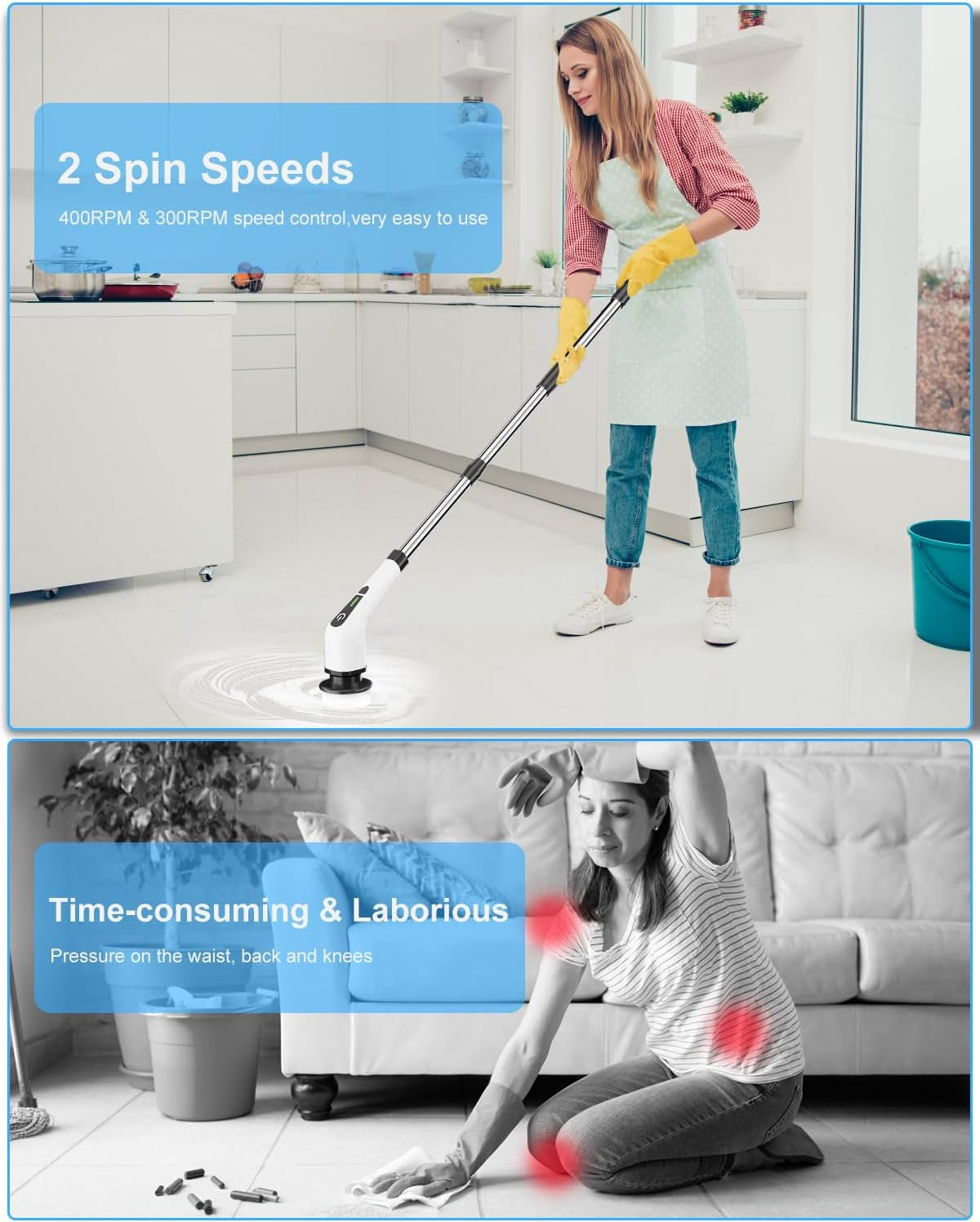 Electric Spin Scrubber,  New Cordless Cleaning Brush with 8 Replaceable Drill Brush Heads, Tub and Floor Tile 360 Power Scrubber Mop with 54 Inch Adjustable Handle for Bathroom Kitchen Car