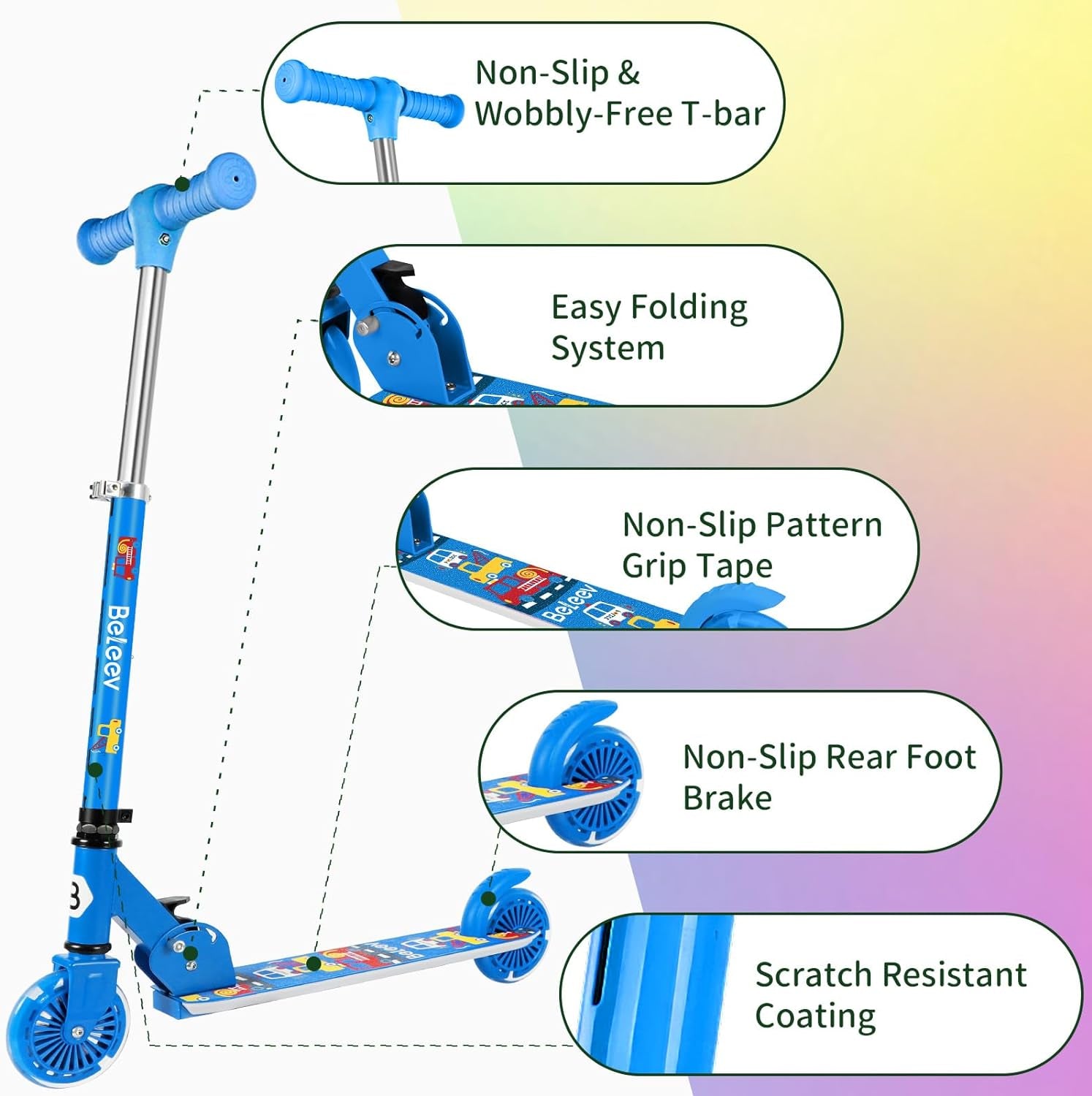 V2 Scooters for Kids with Light-Up Wheels & Stem & Deck, 2 Wheel Folding Scooter for Girls Boys Ages 3-12, 3 Adjustable Height, Non-Slip Pattern Deck, Kick Scooter for Children