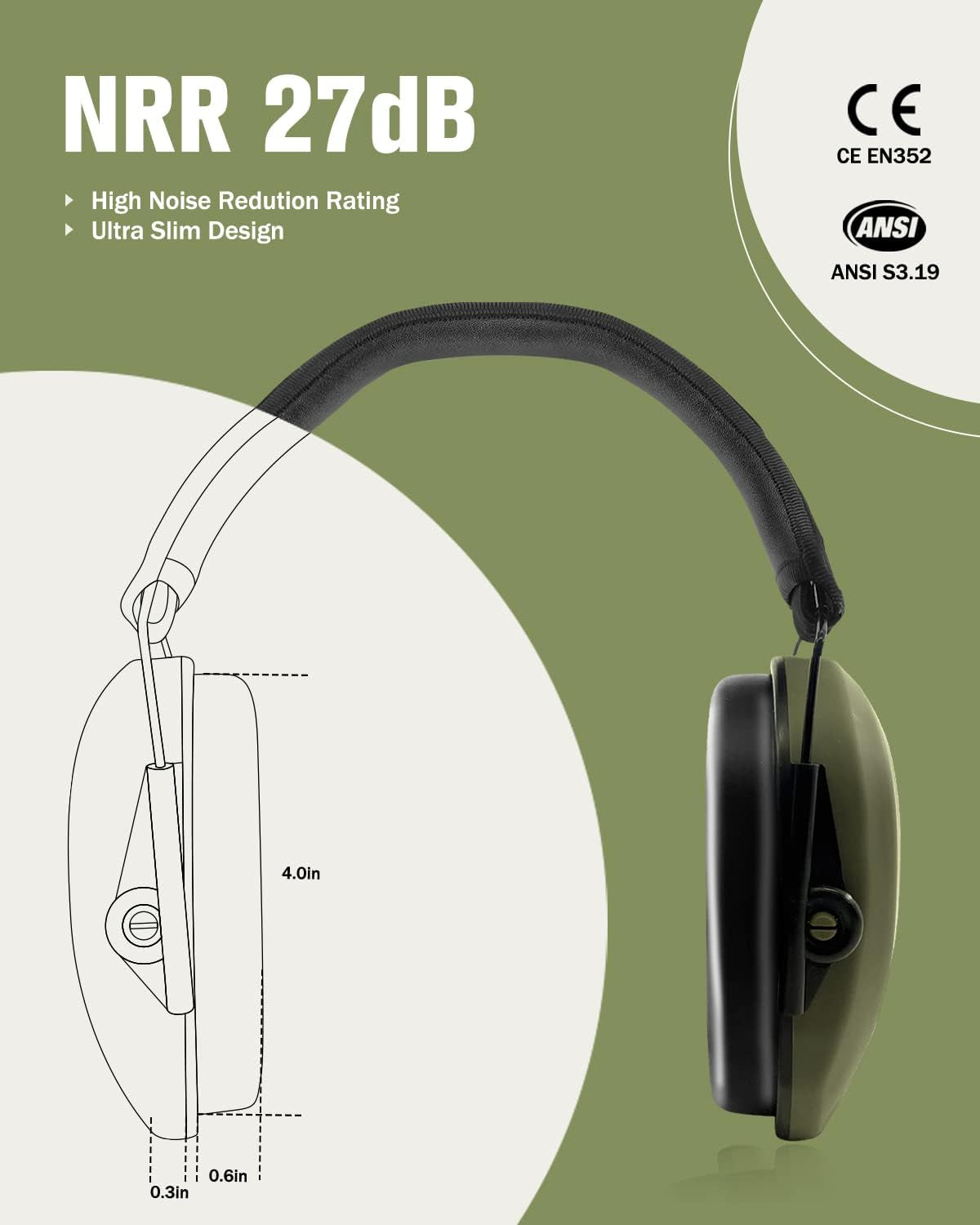 EM018 Shooting Ear Protection Noise Cancelling Safety Muffs NRR 27Db, Hearing Protection for Shooting, Hunting, Mowing