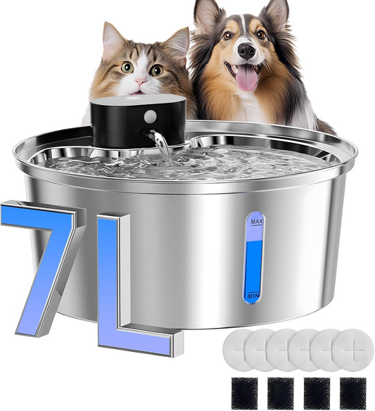7L Wireless Fully Stainless Steel Cat Water Fountain,Upgraded 5000mAh Rechargeable Battery Operated Dog WaterBowl Dispenser,Cordless Pet WaterFountain