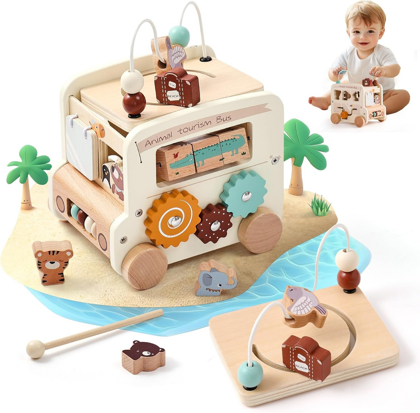 Wooden Activity Cube - 8 in 1 Activity Cube with Animal Tourism Bus Theme | Montessori Toys for 1 Year Old Boys Girls, Multipurpose Educational Toys for Toddlers and Kids - First Birthday Gift