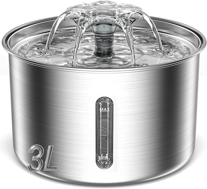 Cat Water Fountain: 3L Stainless Steel Pet Drinking Foutain for Cats Dogs, Pet Water Dispenser with Replacement Filters | Quiet Multi-Flow Design | Clear Level Window | Pet Feeding & Watering Supplies