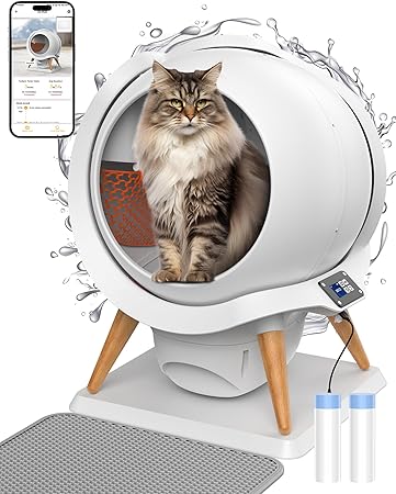 HoneyGuaridan Self Cleaning Cat Litter Box, Automatic Cat Litter Box for Multiple Cats, Water Rinsable and Easy to Clean, APP Control, Integrated Safety Protection, 2 Roll Garbage Bags