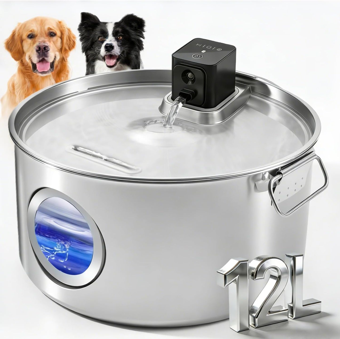 Large Dog Water Fountain 12L/3.2Gal, Wireless Stainless Steel Pet Fountain for Large Dogs and Multi-Pets Families, with Water Level Window, Super Quiet, for S-L Dogs and Multi-Pet, Easy to Clean