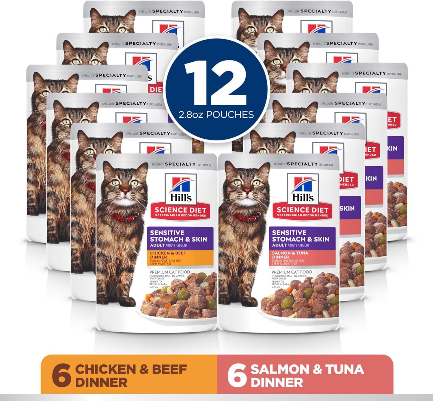 Adult Sensitive Skin and Stomach Variety Pack Cat Food Pouches 12 X 80 G