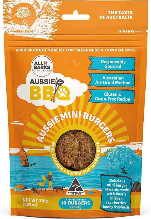 Aussie Mini Burgers - 100% Aussie Chicken & Superfood Ingredients - Natural, Grain-Free Dog Treats - Snacks, Training or Rewards for Dogs - 110G