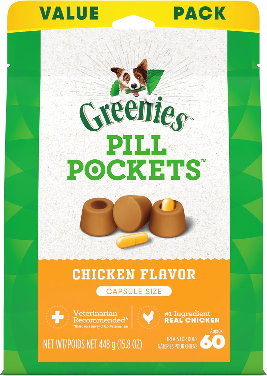 Pill Pockets Capsule Size Natural Dog Treats Chicken Flavor, 15.8 Oz. Value Pack (60 Treats)