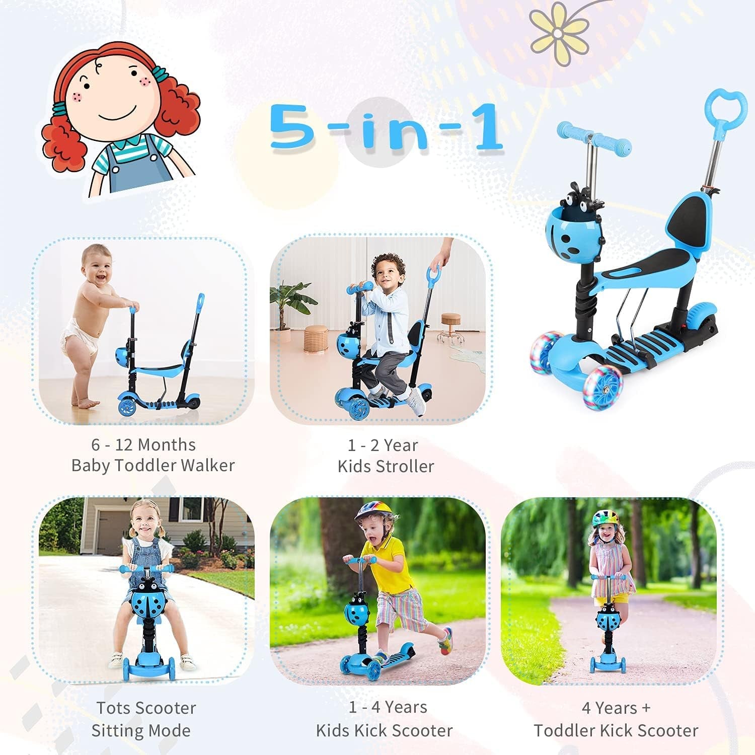 5-In-1 Scooter Adjustable Height Scooters with Flashing Wheel 3 (Three) Wheeled Walker with Removable Seat and Back Rest & Push Handle, for Birthday Boys Girls 1/2 - 8 Age Years Old