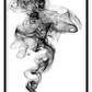 Minimal modern print portrait rising black smoke white background.