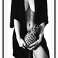 Fashion photography print with nude sexy woman wearing robe holding pinapple in black and white on white background 