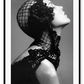 A black and white, vintage fashion wall art with Coco chanel woman wearing black lace flower. 
