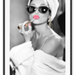 A black and white fashion print with sexy lady in lingerie pink lips and sunglasses gold jewelwry 