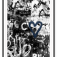 Black and white typography graffiti print art with hint of blue dark moody urban 