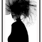 A black and white fashion wall art of a lady with tulle headpiece in all black silhouette on a white background