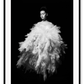 Fashion print with woman in white dress floating on a black background  
