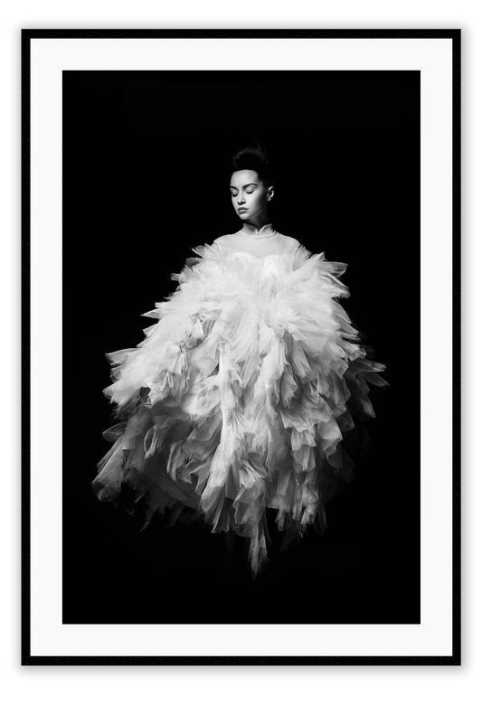 Fashion print with woman in white dress floating on a black background  