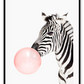 A fashion wall art with a zebra blowing pink bubble gum bubble