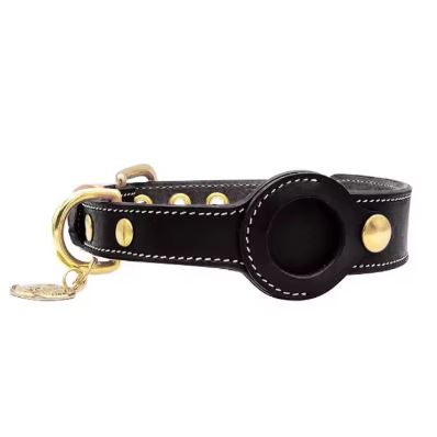 Luxury Leather Dog Collar with AirTag Pocket - Black