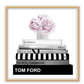 Fashion art square print stacked designer book floral arrangement on top tom ford chanel pink black white border.