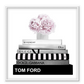 Fashion art square print stacked designer book floral arrangement on top tom ford chanel pink black white border.