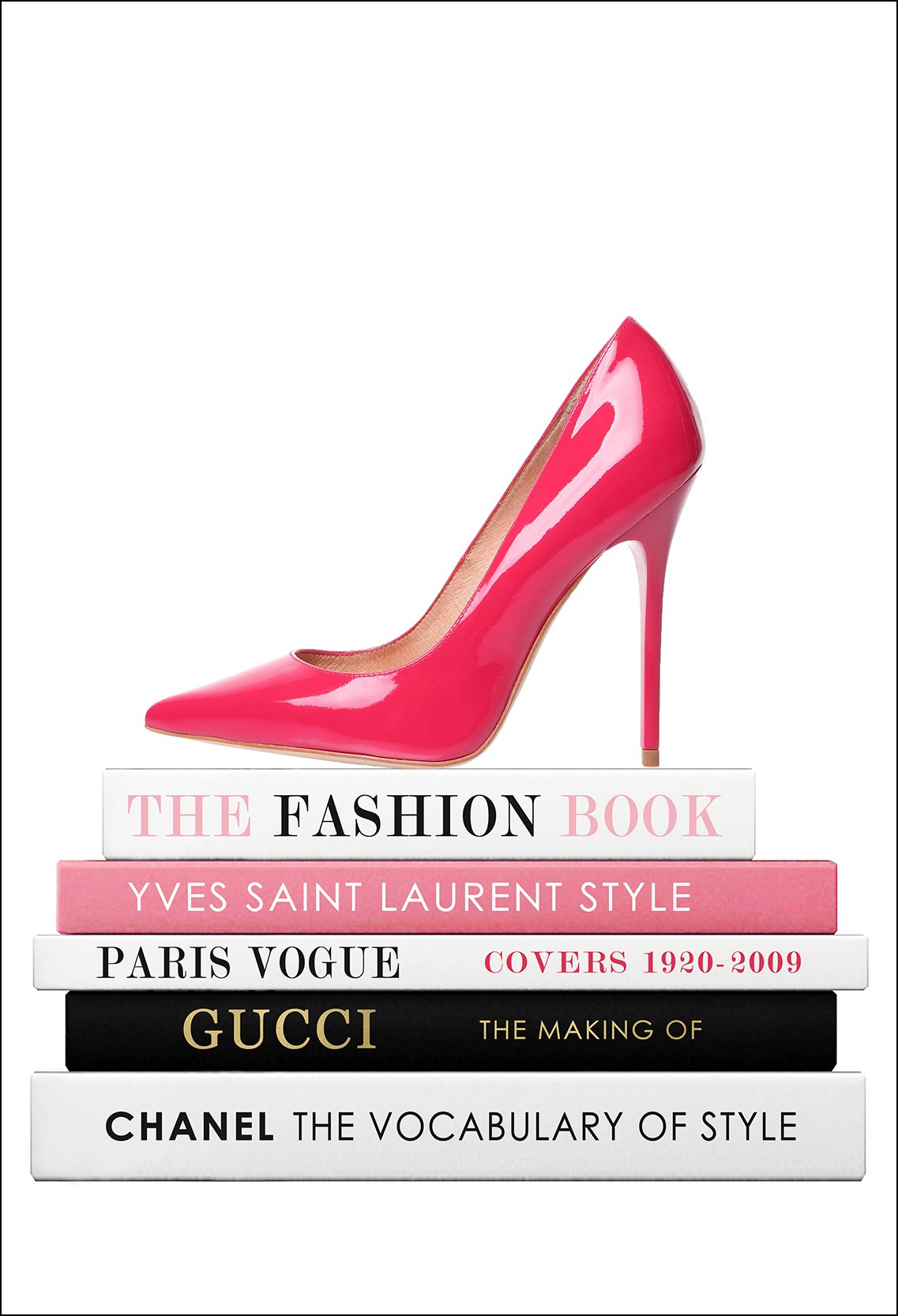 Book shelf print book stack high heel pink print tom ford chanel fashion.