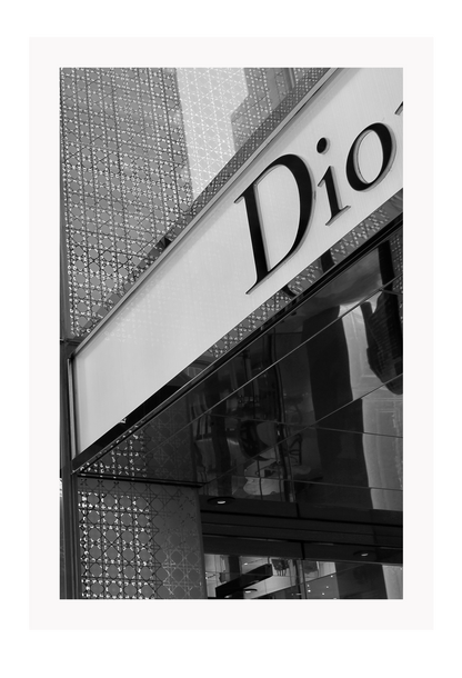 Christian Dior shop front fashion black and white print portrait, iconic 