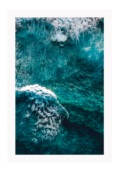 Blue ocean portrait landscape print with waves and ripple white wash coast 