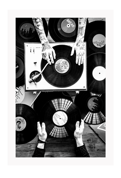 Black and white photography record music tattoos portrait print 