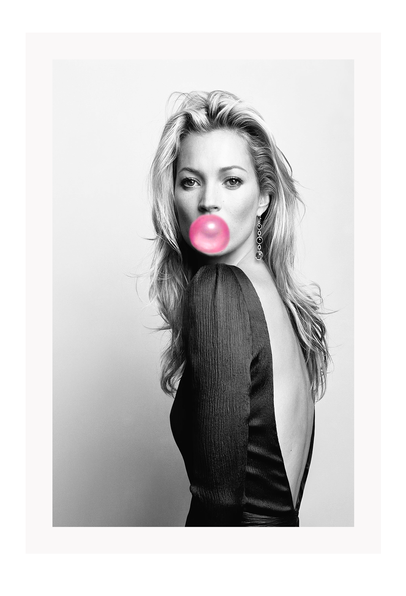 An iconic fashion wall art with 90s English model Kate Moss and pink bubble gum.
