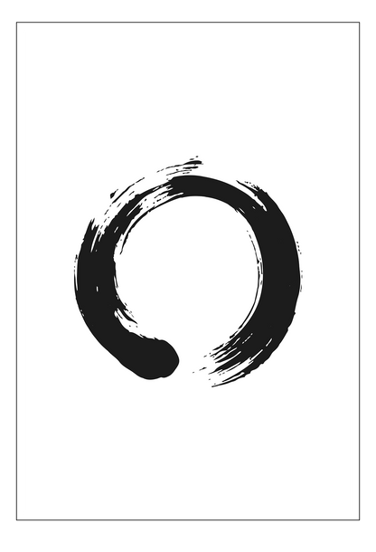 A simple, abstract wall art with a single black infinity ink ring on white background. 