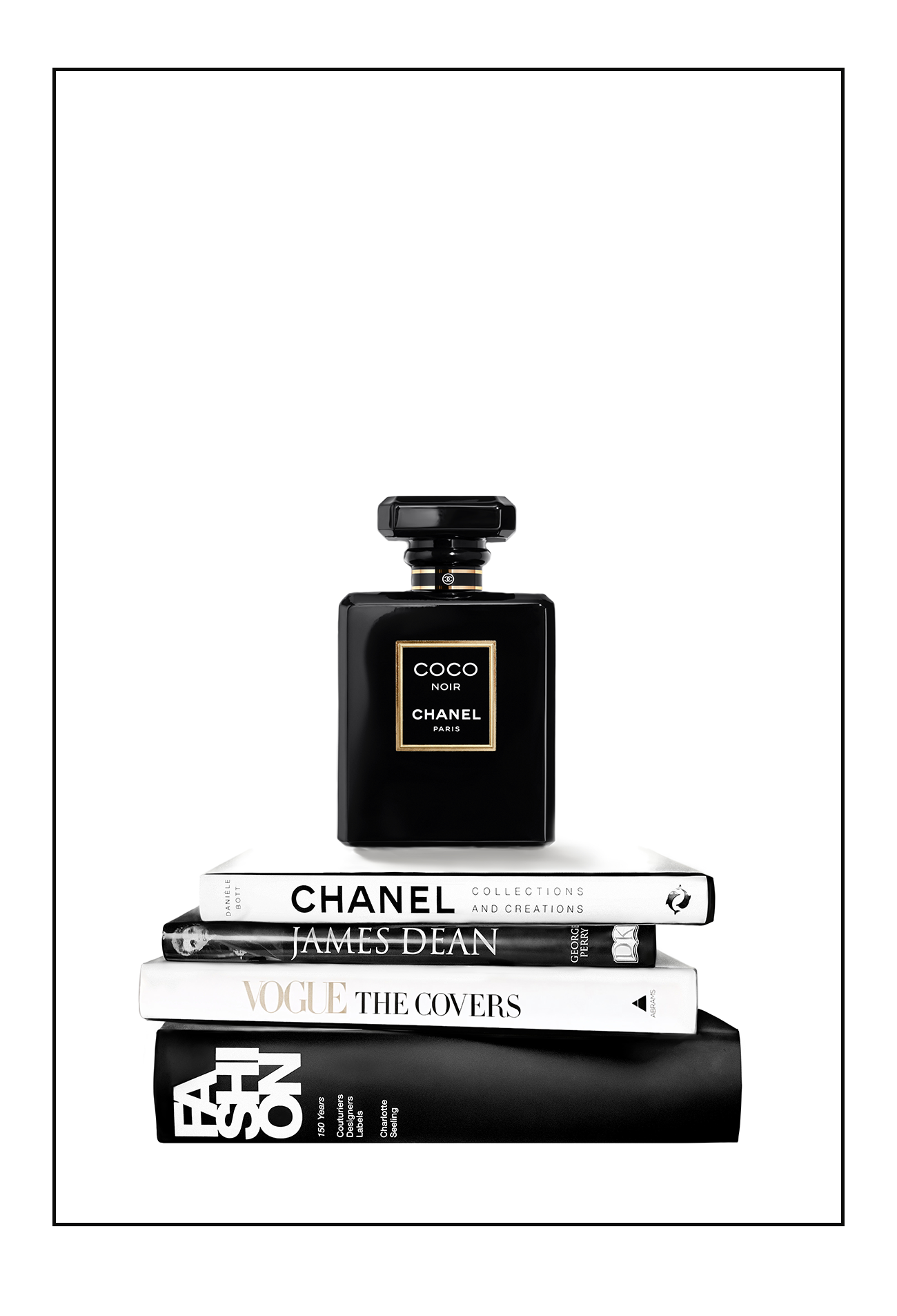 portrait print with black and white books and chanel perfume bottle on the top 