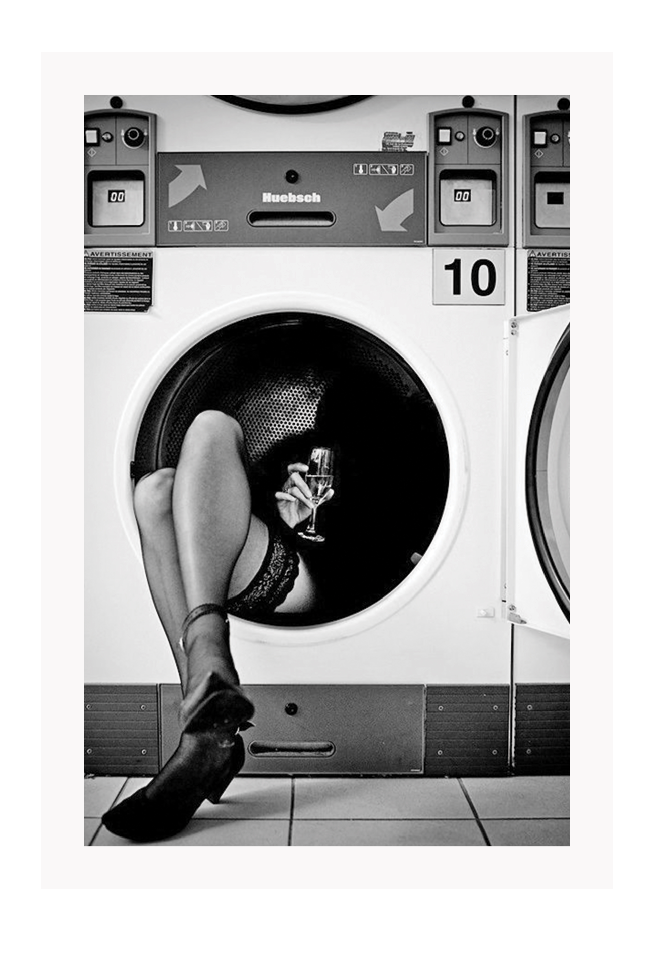 Model photography black and white washing machine sexy legs stockings lingerie 