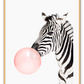 A fashion wall art with a zebra blowing pink bubble gum bubble