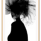 A black and white fashion wall art of a lady with tulle headpiece in all black silhouette on a white background