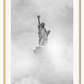 Black and white New York portrait print with statue in clouds foggy moody minimal iconic