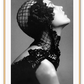 A black and white, vintage fashion wall art with Coco chanel woman wearing black lace flower. 