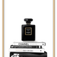 portrait print with black and white books and chanel perfume bottle on the top 
