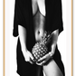 Fashion photography print with nude sexy woman wearing robe holding pinapple in black and white on white background 