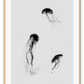 A greystyle wall art with jelly fish drawn in black ink on grey background.