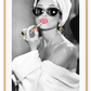 A black and white fashion print with sexy lady in lingerie pink lips and sunglasses gold jewelwry 